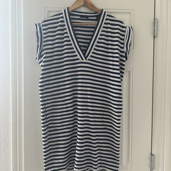 ATM Anthony Thomas Melillo V Neck Navy White Striped 100% Cotton Shift Dress S - Picture 3 of 7